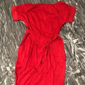 Burgundy Boat neck dress with waist tie.